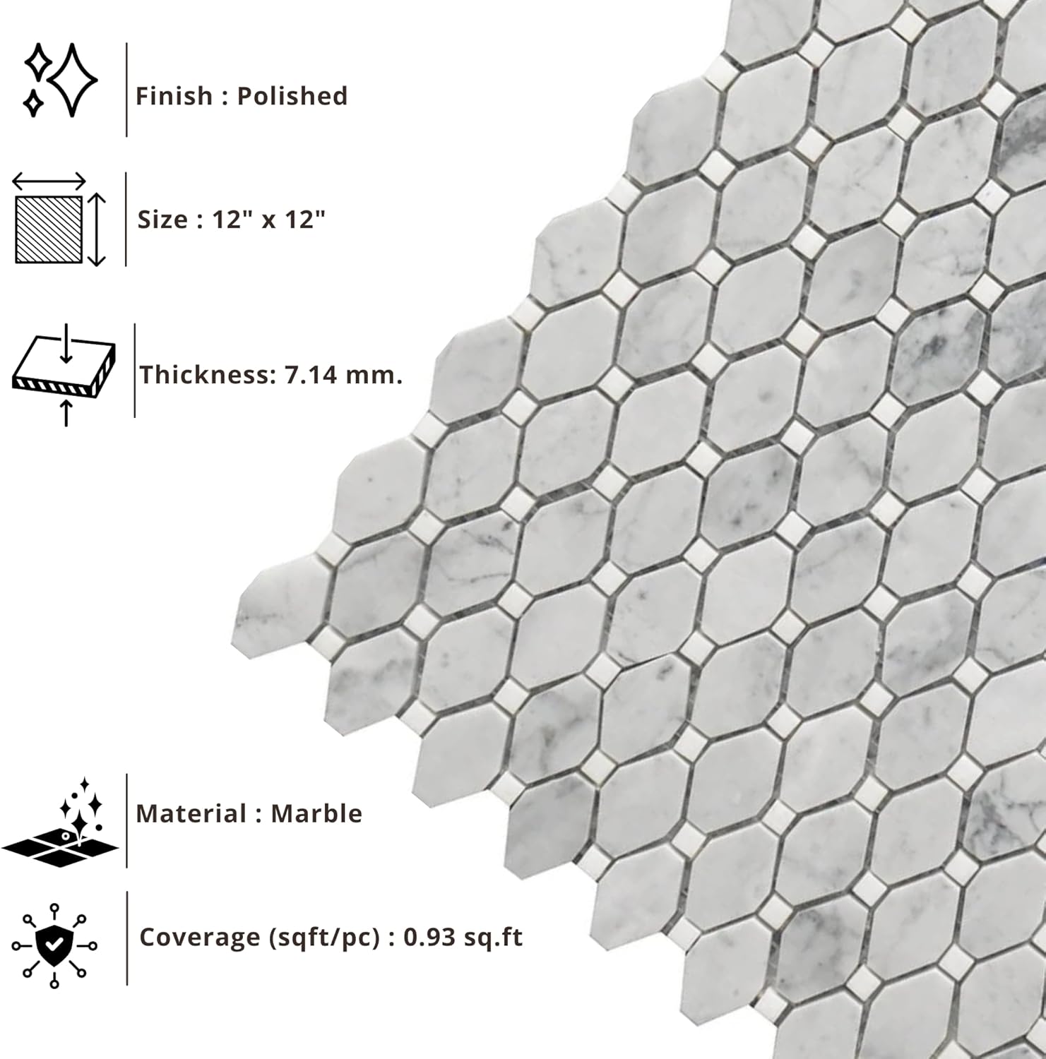 Tenedos HTCRC Carrara White Marble Small Rhombus Mosaic Tile – 12x12 Inch Mesh-Mounted Sheet – Natural Marble Geometric Mosaic for Backsplash Bathroom Kitchen Wall