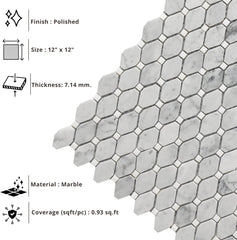 Tenedos HTCRC Carrara White Marble Small Rhombus Mosaic Tile – 12x12 Inch Mesh-Mounted Sheet – Natural Marble Geometric Mosaic for Backsplash Bathroom Kitchen Wall