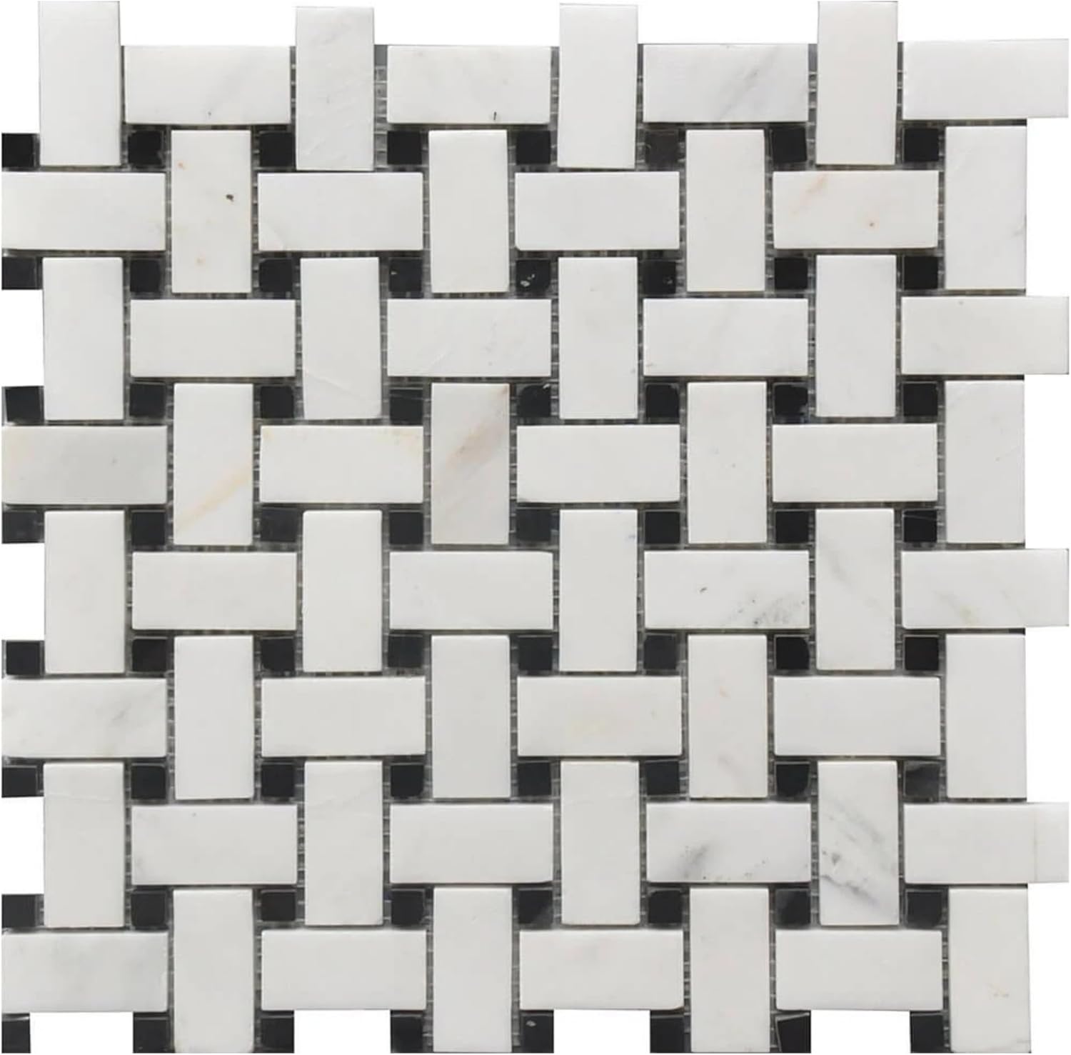 Tenedos HTCRC 12 x 12 Inch Bianco Carrara Basket Weave Black Dot Marble Interlocking Mosaic Tile | Kitchen Backsplash Bathroom Shower Accent Wall (1 Sheet)