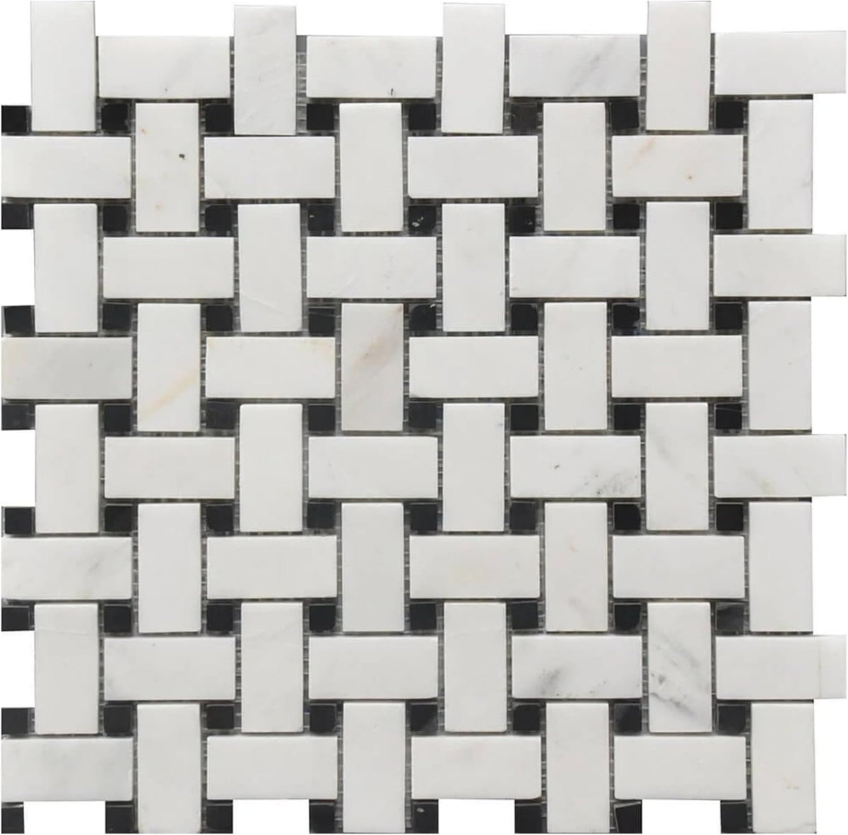 Tenedos HTCRC 12 x 12 Inch Bianco Carrara Basket Weave Black Dot Marble Interlocking Mosaic Tile | Kitchen Backsplash Bathroom Shower Accent Wall (1 Sheet)