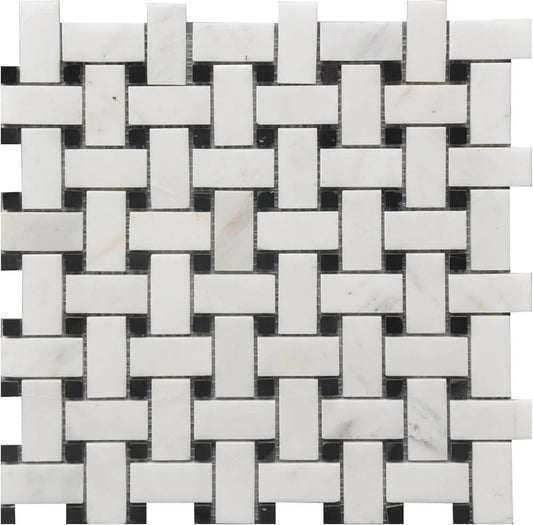 Tenedos HTCRC 12 x 12 Inch Bianco Carrara Basket Weave Black Dot Marble Interlocking Mosaic Tile | Kitchen Backsplash Bathroom Shower Accent Wall (1 Sheet)