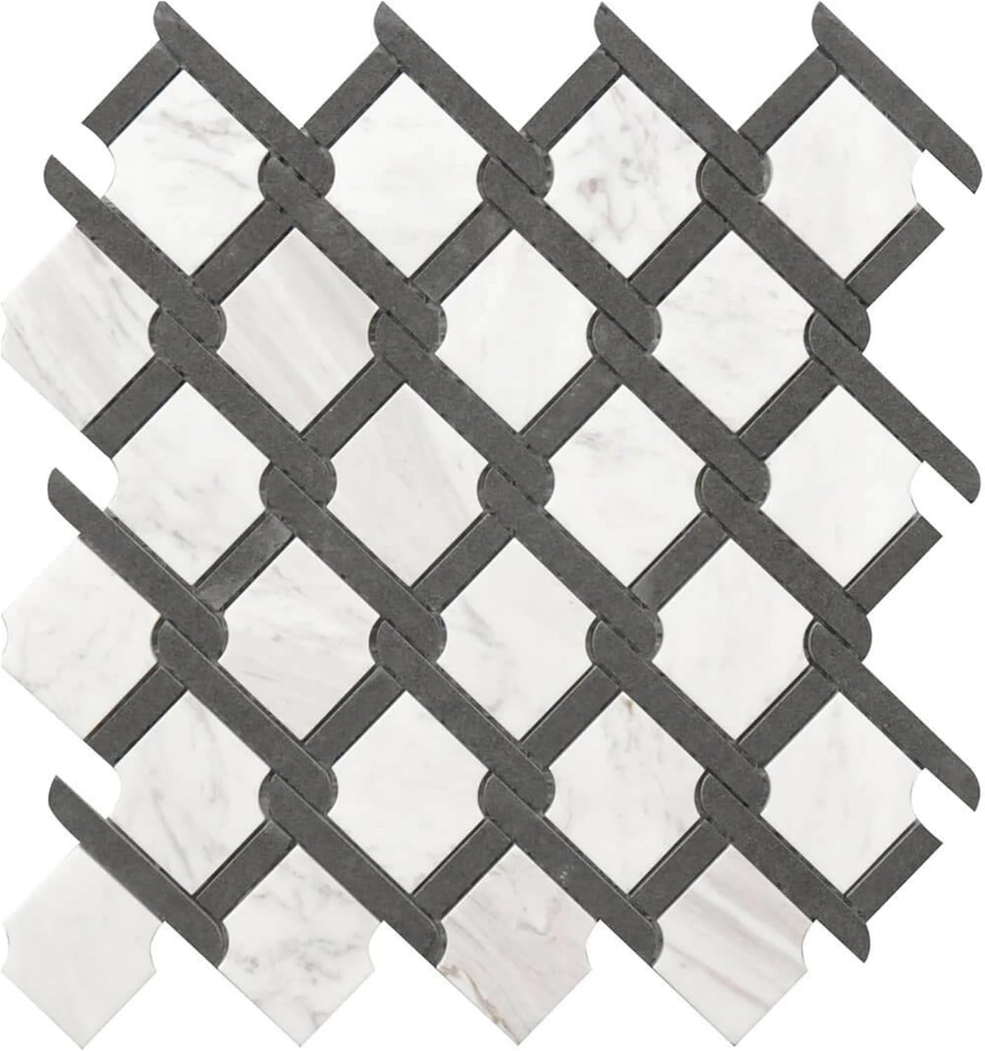 Tenedos HTCRC Bianco Carrara Eastern White Marble Black Interlocking Mosaic Tile | 11 x 12 Inch Mesh-Mounted White Marble | Kitchen Backsplash Bathroom Shower Accent Wall