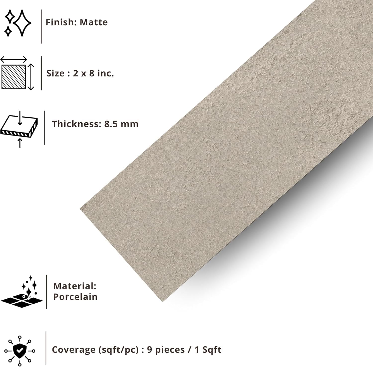 Tenedos Matte Grigio Porcelain Subway Tile – 2"x8" Wall and Floor, Backsplash for Kitchen, Bathroom, Shower, Fireplace Accent - Great for Restaurant Hotel Cafe Spa