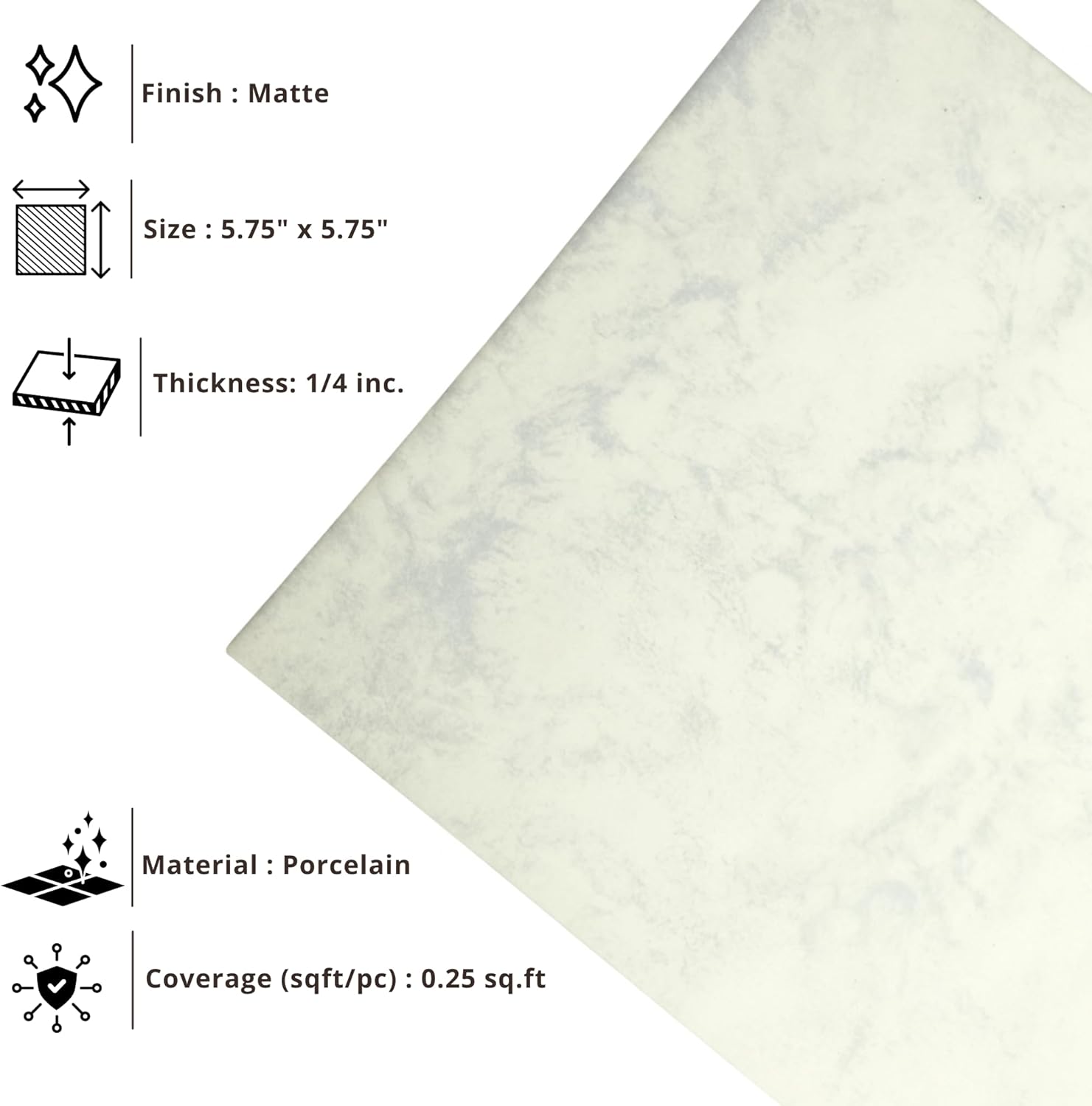 Tenedos HTCPW Soft Marble Look 6"x6" Porcelain Tile – White Gray Matte Stone-Style Wall & Backsplash Tile for Bathroom Kitchen Shower