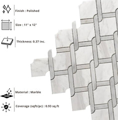 Tenedos HTCRC Bianco Carrara Eastern White Marble Gray Interlocking Mosaic Tile | 11 x 12 Inch Mesh-Mounted White Marble | Kitchen Backsplash Bathroom Shower Accent Wall