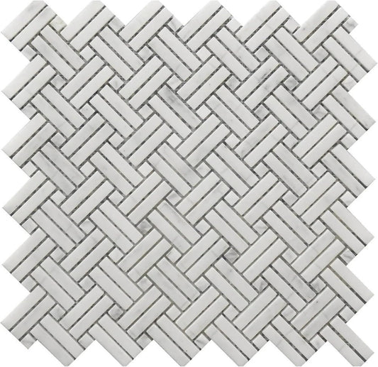 Tenedos HTCRC Bianco Carrara Crossed Basket Weave Marble Interlocking Mosaic Tile | 11 x 12 Inch Mesh-Mounted White Marble | Kitchen Backsplash Bathroom Shower Accent Wall