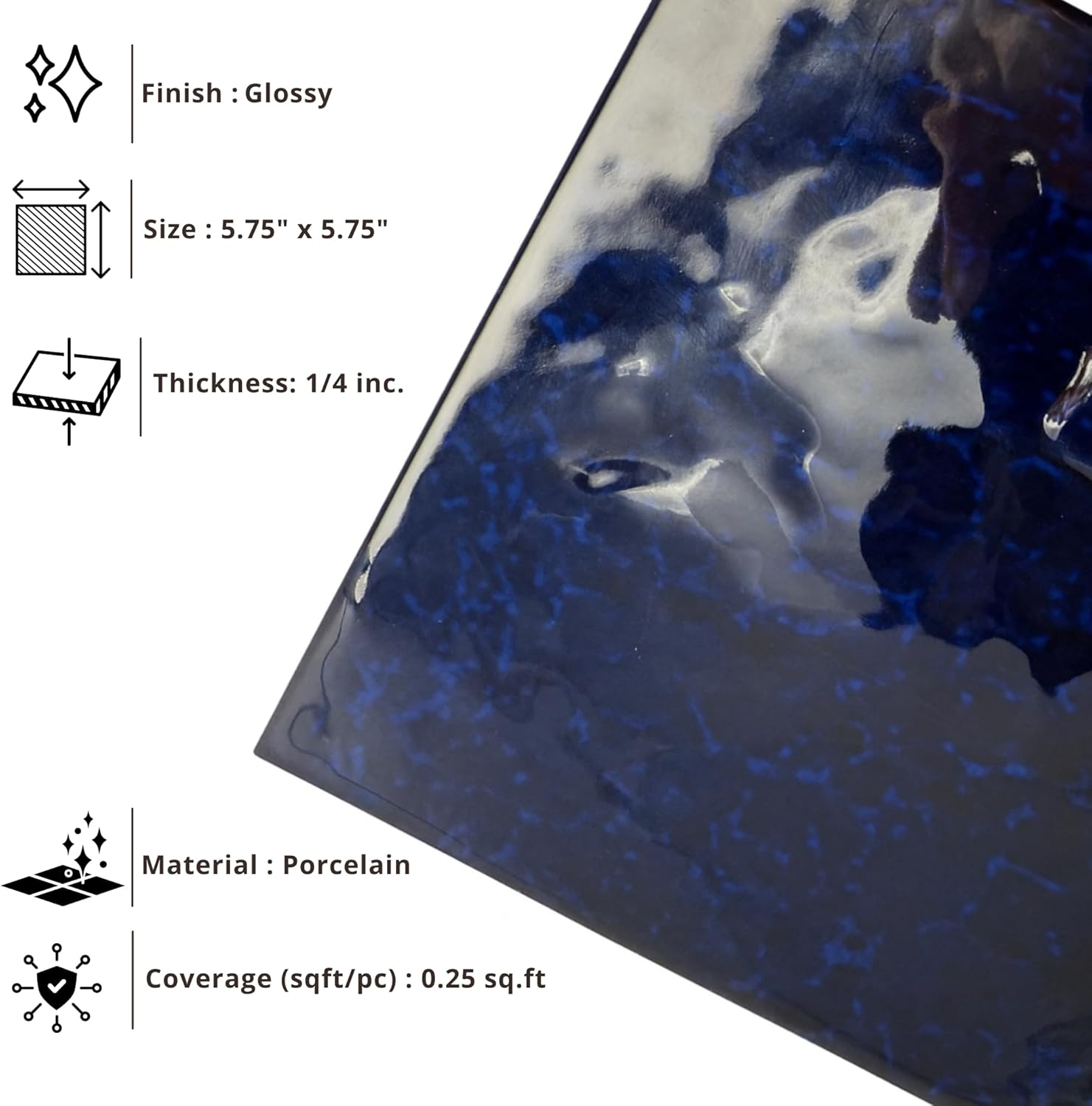 Tenedos HTCPW Deep Navy Glossy 6"x6" Porcelain Tile – High-Gloss Artistic Glaze Wall & Backsplash Tile for Bathroom Kitchen Shower