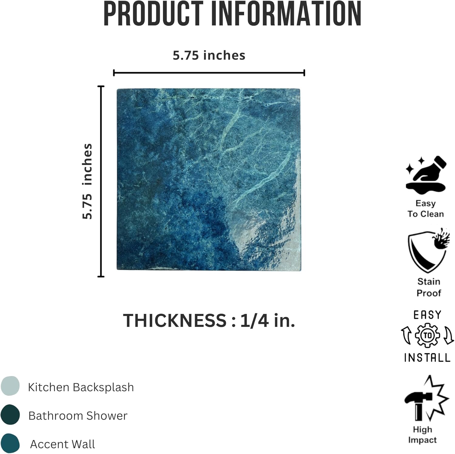 Tenedos HTCPW Deep Blue Marble Look 6"x6" Glossy Porcelain Tile – Polished Stone-Effect Wall & Backsplash Tile for Bathroom Kitchen Shower