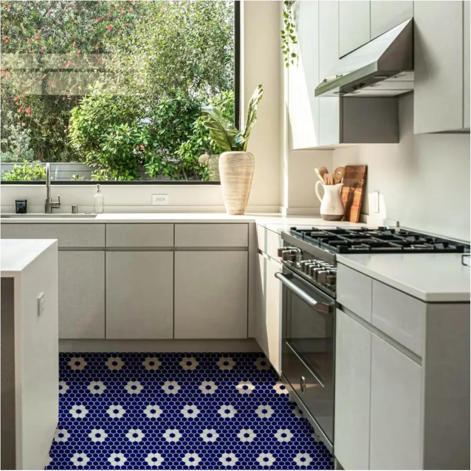 Tenedos Hexagon Glossy Cobalt Blue Flower Porcelain Mosaic Tile – Kitchen Backsplash, Bathroom Wall & Shower Floor Tile