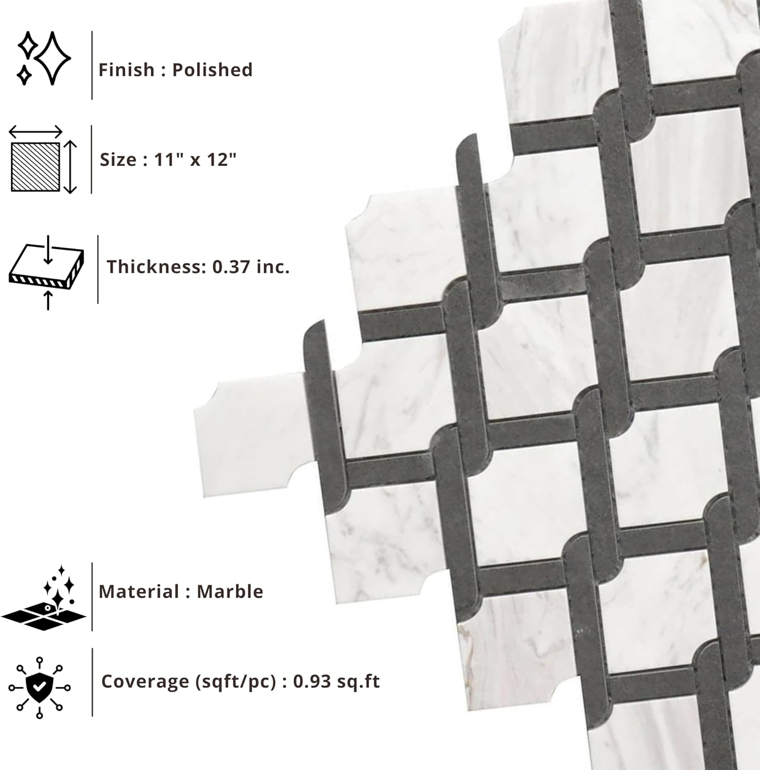 Tenedos HTCRC Bianco Carrara Eastern White Marble Black Interlocking Mosaic Tile | 11 x 12 Inch Mesh-Mounted White Marble | Kitchen Backsplash Bathroom Shower Accent Wall
