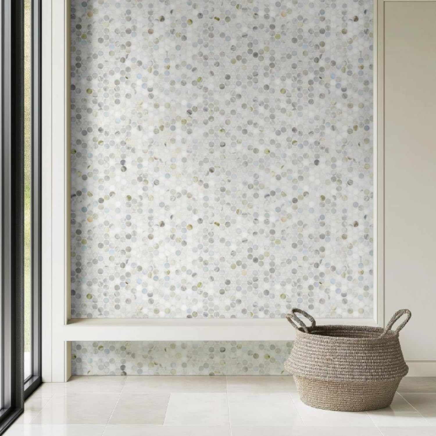 Aurora Pearl Round Marble Mosaic Tile – Polished Natural Stone Sheet for Bathroom, Kitchen Backsplash, and Shower Accent