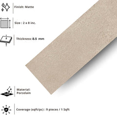 Tenedos Matte Tortora Porcelain Subway Tile – 2"x8" Wall and Floor, Backsplash for Kitchen, Bathroom, Shower, Fireplace Accent - Great for Restaurant Hotel Cafe Spa