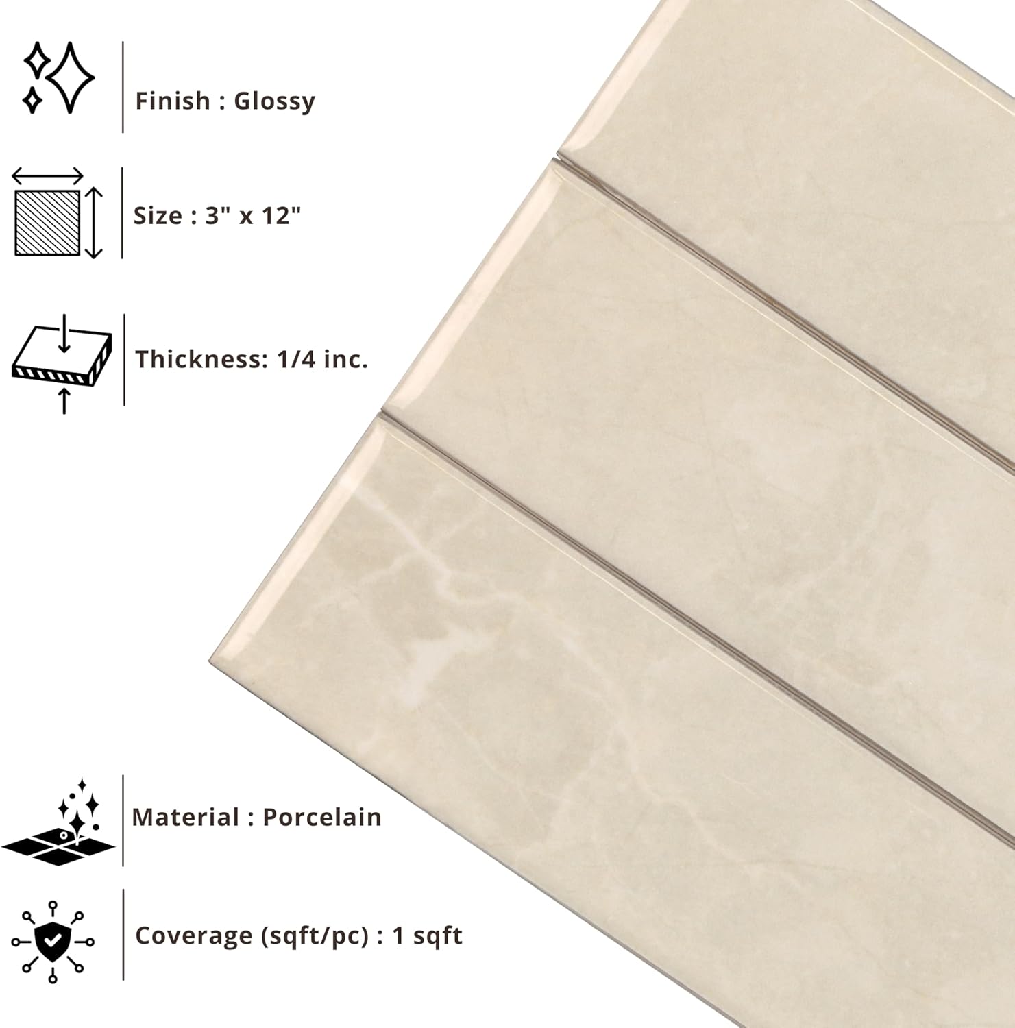 Tenedos HTCRC  3x12 Glossy Porcelain Subway Tile – Stone Look Wall Tile for Kitchen Backsplash, Bathroom & Shower Walls