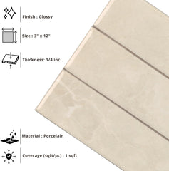 Tenedos HTCRC  3x12 Glossy Porcelain Subway Tile – Stone Look Wall Tile for Kitchen Backsplash, Bathroom & Shower Walls
