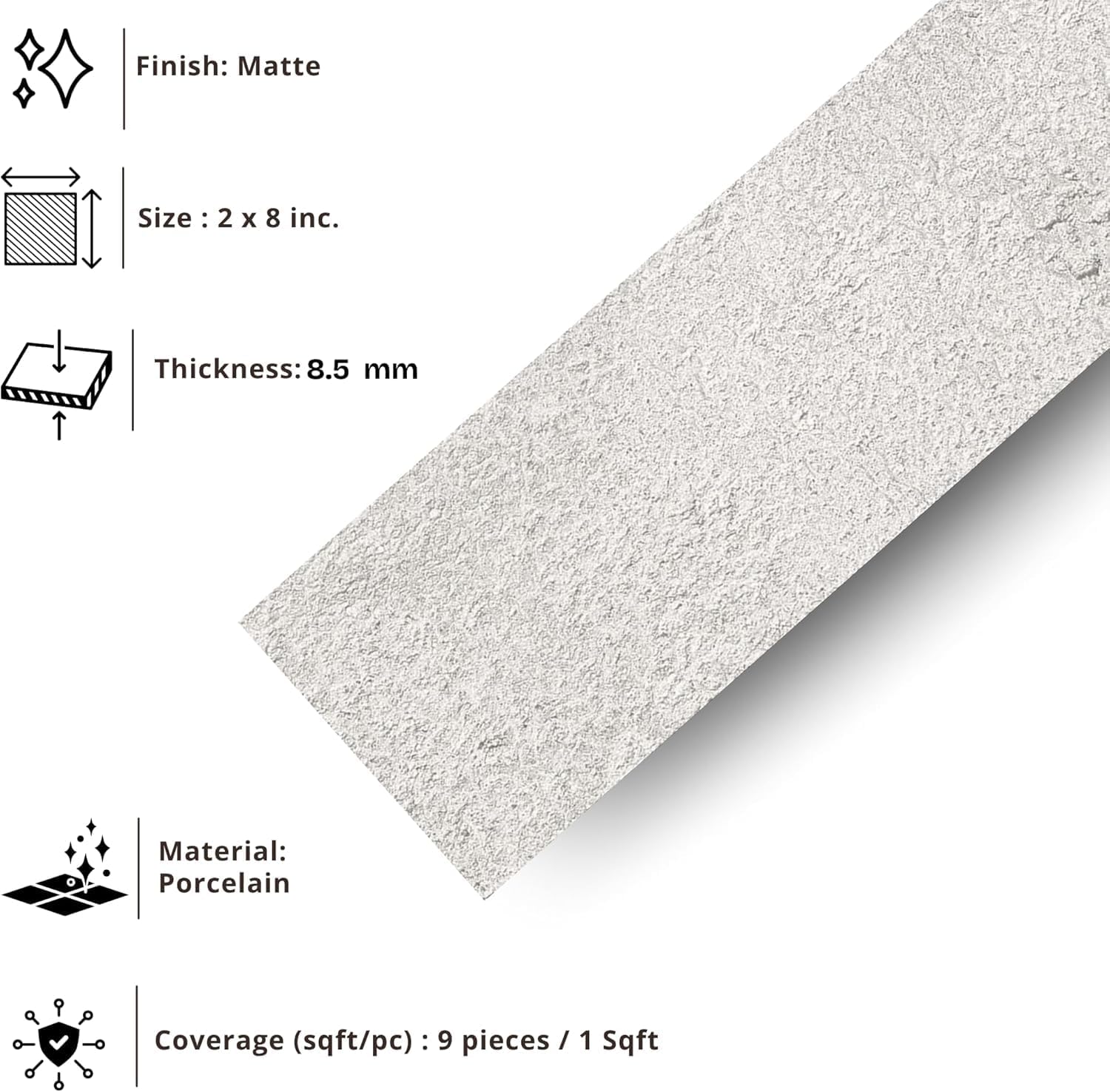 Tenedos Matte Ice Porcelain Subway Tile – 2"x8" Wall and Floor, Backsplash for Kitchen, Bathroom, Shower, Fireplace Accent - Great for Restaurant Hotel Cafe Spa
