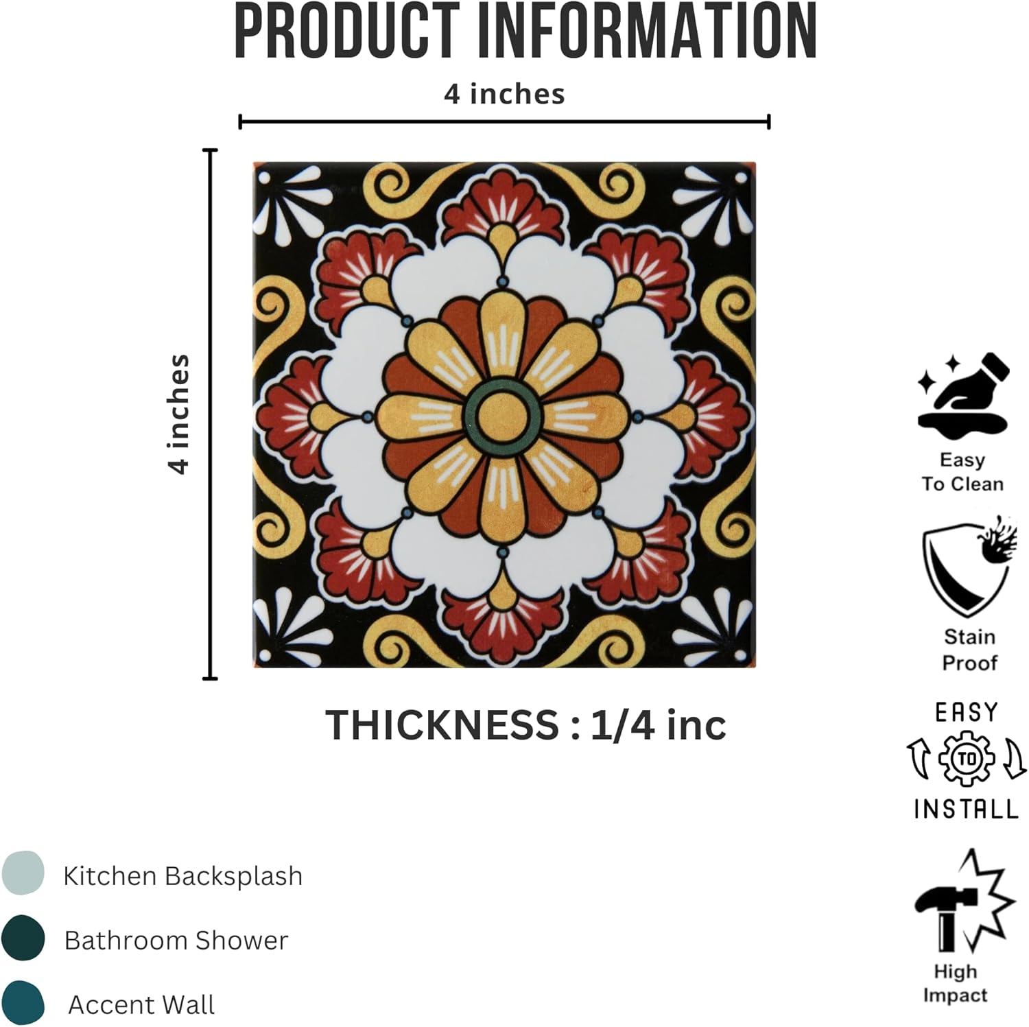 Tenedos HTCFD Heritage Mediterranean Patchwork 4x4 Polished Tile – Vintage Pattern Wall Tile for Kitchen Backsplash, Bathroom, Fireplace & Accent Areas (9 Pieces - 1 Sqft)