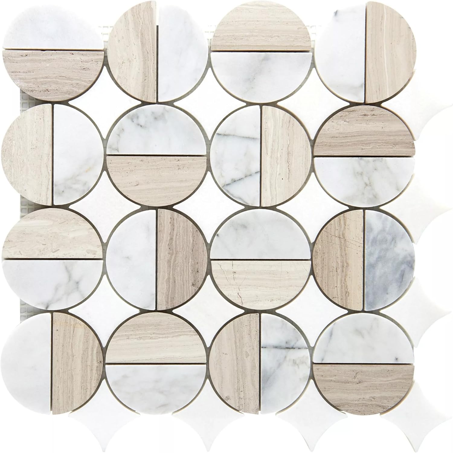 Tenedos Lunar Harmony Circles Marble Mosaic Tile – Polished Multi-Tone Natural Stone Pattern, 13x13 Mesh Sheet for Bathroom Walls, Shower Floors, Kitchen Backsplash (1 Sheet)