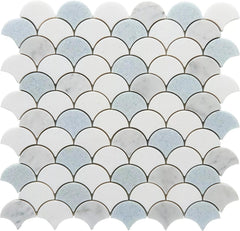 Tenedos Aegean Mist Fan Honed Marble Mosaic Tile 12x12 in Multitone White and Blue for Kitchen Backsplash Bathroom Wall Shower Floor Fireplace Accent Natural Stone (1 Sheet)
