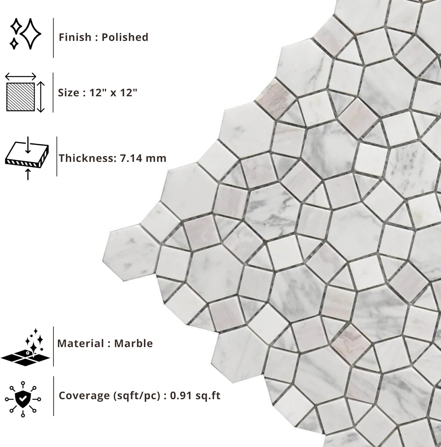Tenedos HTCRC Carrara Kaleidoscope Marble Mosaic Tile 12x12 – Polished Natural Stone Mesh-Mounted Wall Mosaic