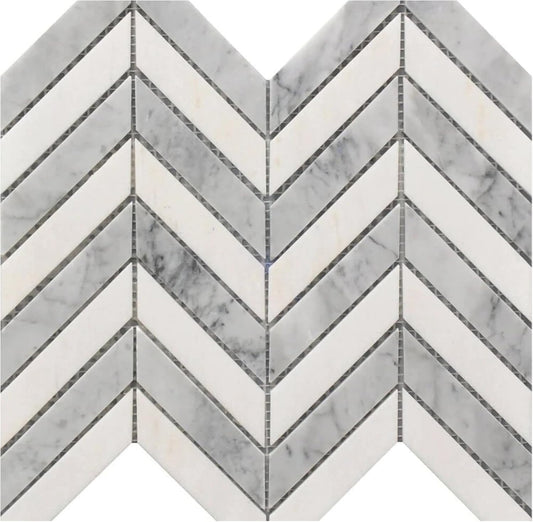 Tenedos HTCRC White and Grey Marble Chevron Mosaic Tile – 11x12 Inch Mesh-Mounted Sheet – Natural Marble Geometric Mosaic for Kitchen Backsplash Bathroom Wall Accent
