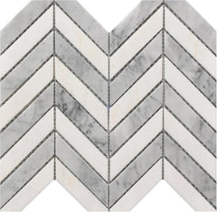 Tenedos HTCRC White and Grey Marble Chevron Mosaic Tile – 11x12 Inch Mesh-Mounted Sheet – Natural Marble Geometric Mosaic for Kitchen Backsplash Bathroom Wall Accent