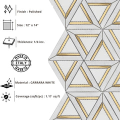 Tenedos HTCRC Carrara White Metal 12x14 Mosaic Tile – Triangle Geometric 3D Hexagon Pattern with Gold Inlay, White Marble Look for Kitchen Backsplash & Bathroom Wall