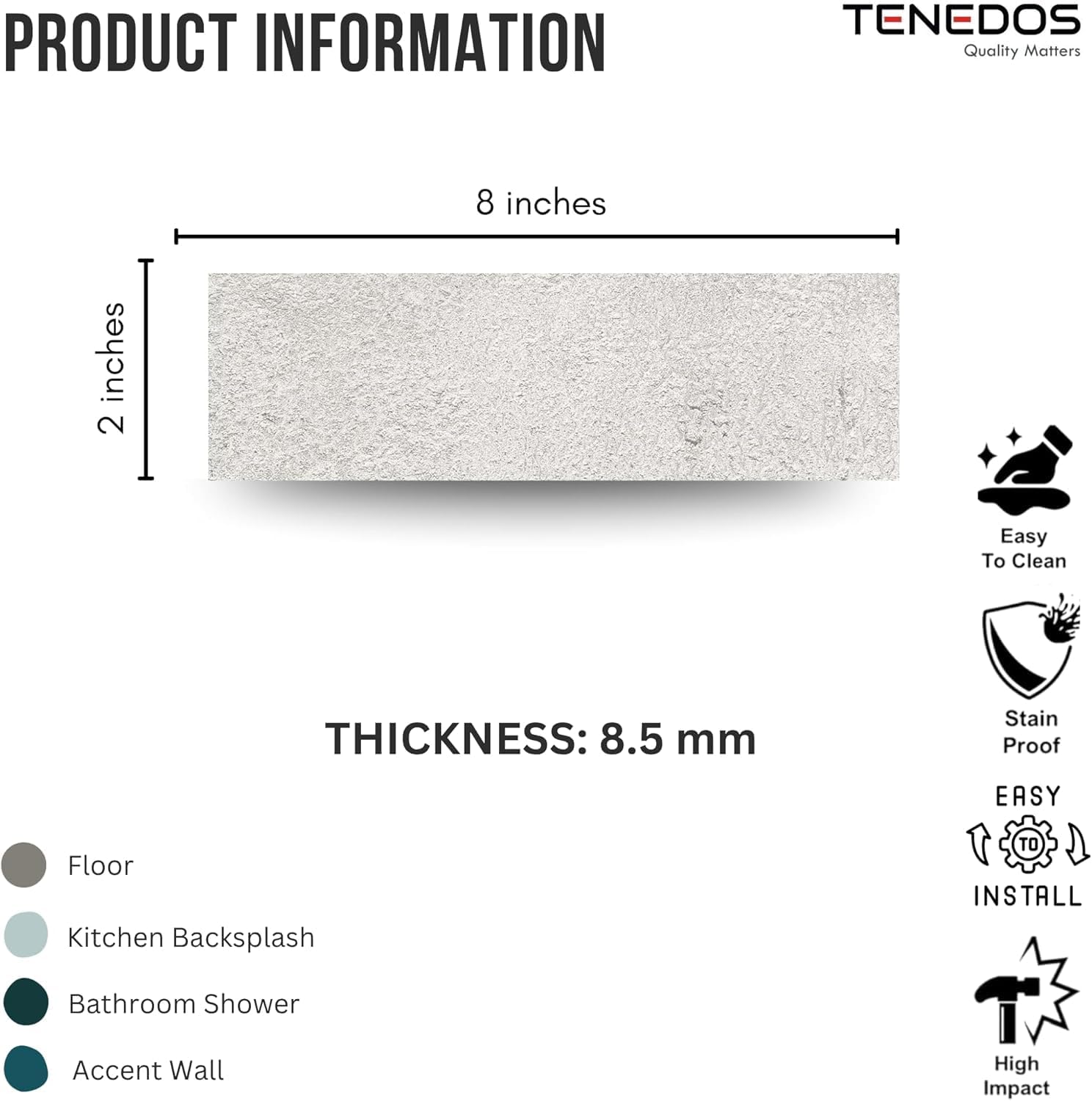 Tenedos Matte Ice Porcelain Subway Tile – 2"x8" Wall and Floor, Backsplash for Kitchen, Bathroom, Shower, Fireplace Accent - Great for Restaurant Hotel Cafe Spa