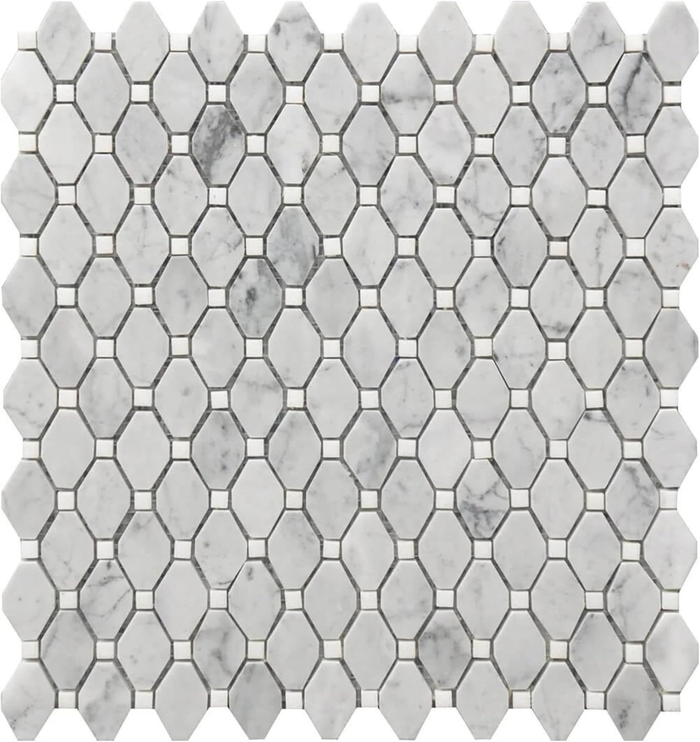 Tenedos HTCRC Carrara White Marble Small Rhombus Mosaic Tile – 12x12 Inch Mesh-Mounted Sheet – Natural Marble Geometric Mosaic for Backsplash Bathroom Kitchen Wall
