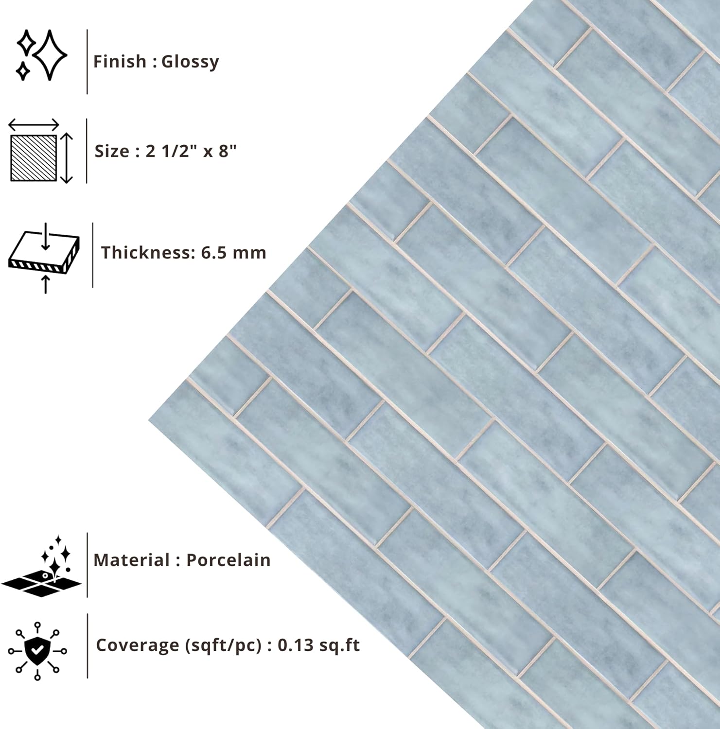 Tenedos HTCFD Handmade Zellige Look 2.5” x 8” Blue Porcelain Tile – High Gloss Pressed Edge Subway Tile for Wall & Floor, Bathroom, Kitchen Backsplash, Shower Walls