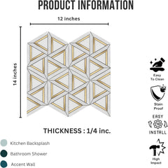 Tenedos HTCRC Carrara White Metal 12x14 Mosaic Tile – Triangle Geometric 3D Hexagon Pattern with Gold Inlay, White Marble Look for Kitchen Backsplash & Bathroom Wall