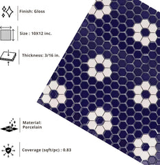 Tenedos Hexagon Glossy Cobalt Blue Flower Porcelain Mosaic Tile – Kitchen Backsplash, Bathroom Wall & Shower Floor Tile