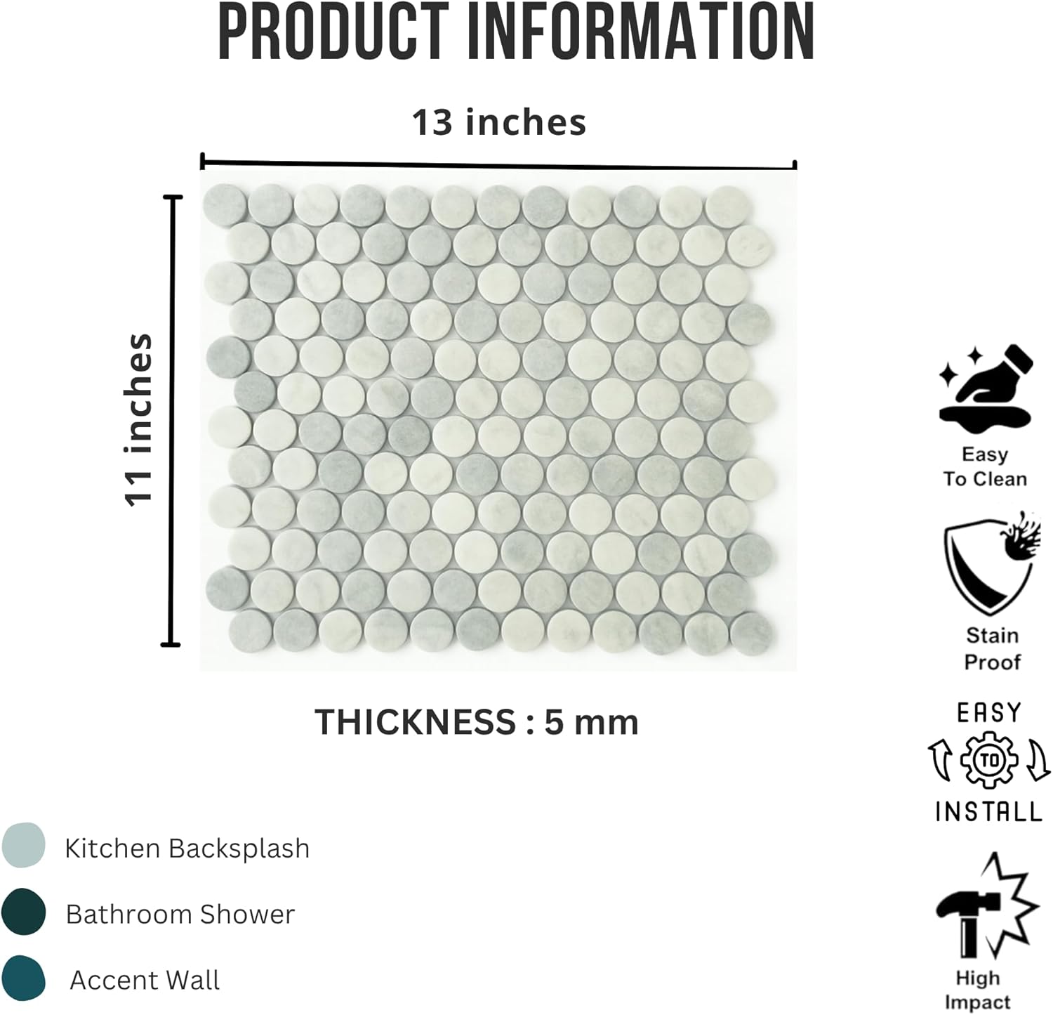 Tenedos HTCFD Mint Grey Satin Porcelain Penny Round Mosaic Tile Sheet – Premium Penny Tile for Bathroom Walls, Shower Floors, Kitchen Backsplash and Indoor Use (1 Sheet)