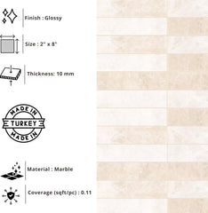 Tenedos HTCFD 2x8 Polished Beige Marble Tile, Natural Stone Straight Edge, Water-Resistant with Sealant, Floor & Wall Use, Shower Floor and Wall Suitable – Box of 20 Pieces