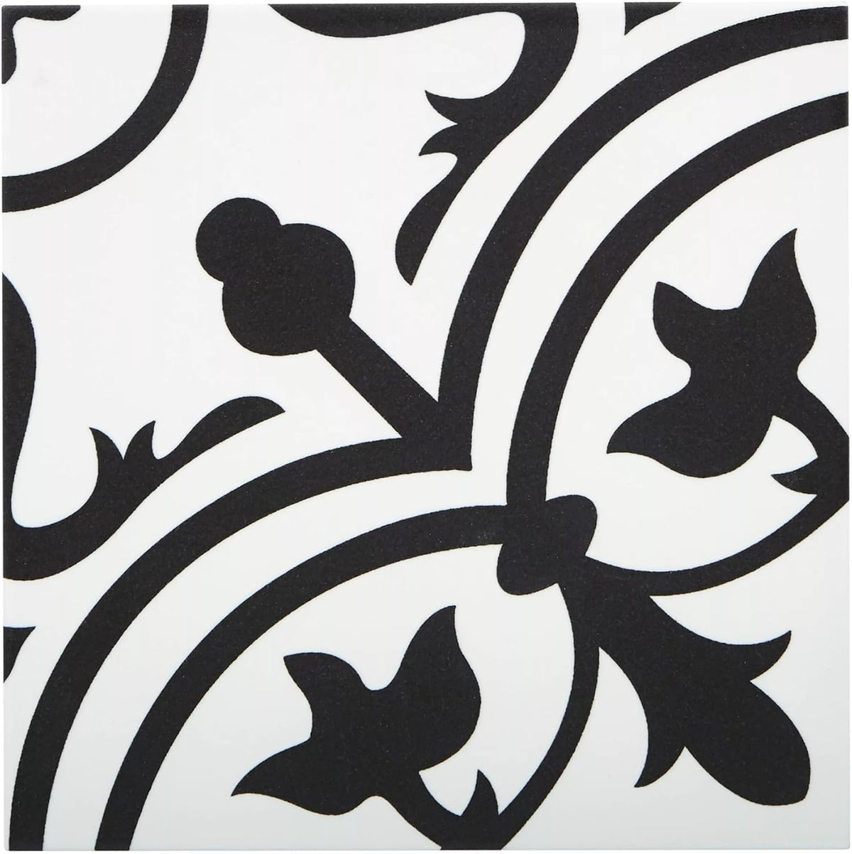 Tenedos Noir Vine 8" x 8" Black and White Matte Porcelain Tile for Floor and Wall, Spanish Decorative Pattern, Indoor Outdoor Use