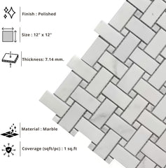 Tenedos HTCRC Bianco Carrara Basket Weave Marble Interlocking Mosaic Tile | 11 x 12 Inch Mesh-Mounted White Marble | Kitchen Backsplash Bathroom Shower Accent Wall