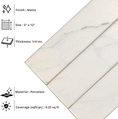 Tenedos HTCRC  Marble Look Matte Porcelain Tile – 3x12 Inch Subway Wall & Kitchen Backsplash