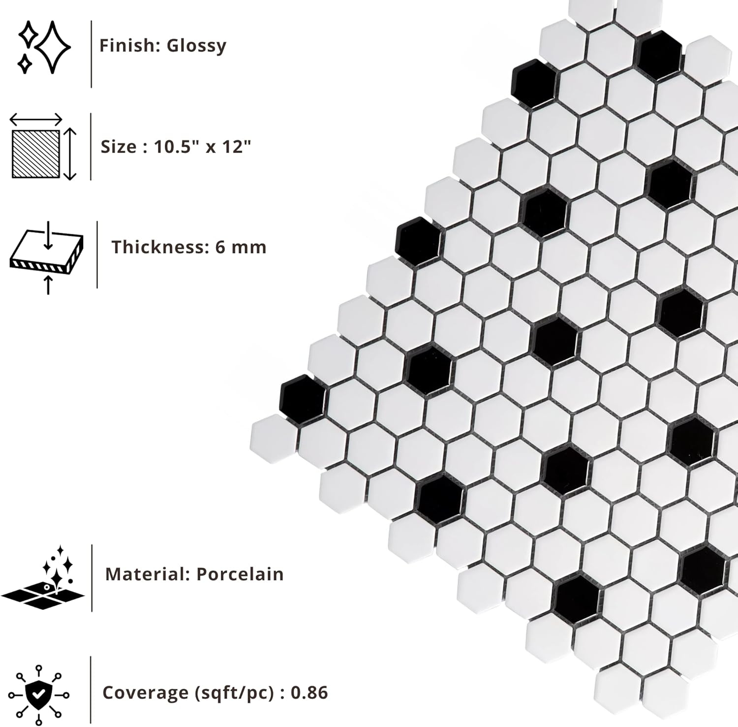 Tenedos White and Black Hexagon Polished Porcelain Mosaic Tile – Classic Glossy Geometric Wall and Floor Tile for Bathroom, Kitchen, and Backsplash (5 Sheets)