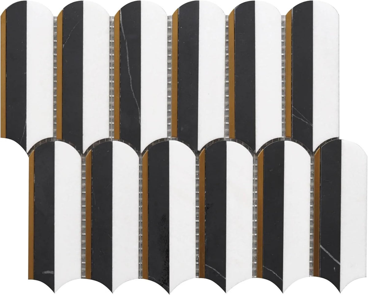 Tenedos HTCRC 10x11 Oval Nero Marquina & Thassos Mosaic Tile – Black & White Marble with Gold Inlay, Floor & Wall