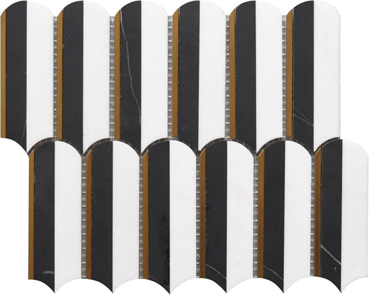 Tenedos HTCRC 10x11 Oval Nero Marquina & Thassos Mosaic Tile – Black & White Marble with Gold Inlay, Floor & Wall