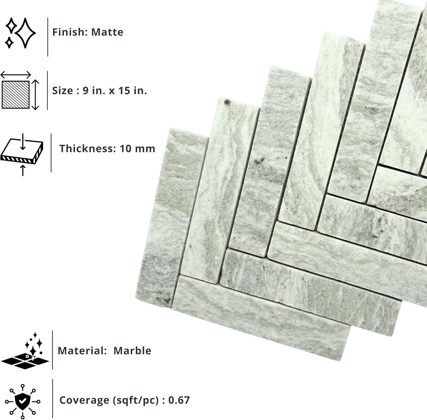Tenedos Sage Mist Herringbone Marble Mosaic Tile – 12" x 12" Green Natural Stone Sheet for Wall, Backsplash, and Bathroom Accent (5 Sheets)