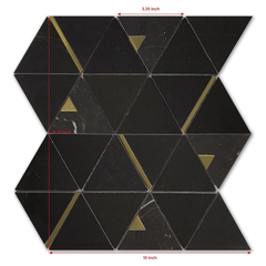 Tenedos HTCRC 12x14 Nero Marquina Triangle Mosaic Tile – Black Marble Look with Gold Metal Inlay, Floor & Wall