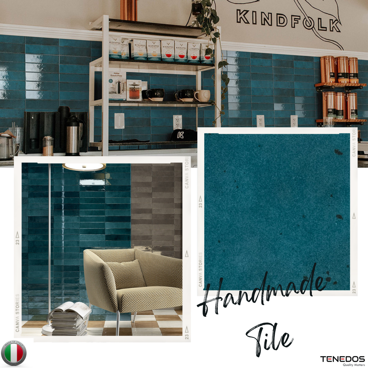 TTTD-PRC-STR Amore 2x10 Dark Blue Handmade Bright Porcelain Wall Floor Tile, Decor, Made in Italy