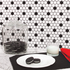 Hexagon White with Black Dots Porcelain Mosaic Floor and Wall Tile Matte Look for Kitchen Backsplash, Bathroom Wall, Accent Wall