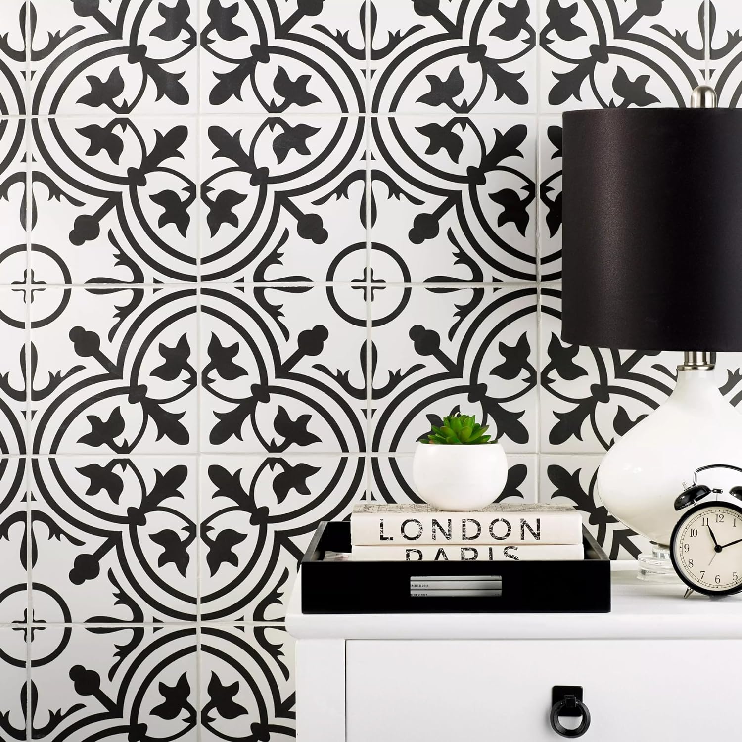 Tenedos Noir Vine 8" x 8" Black and White Matte Porcelain Tile for Floor and Wall, Spanish Decorative Pattern, Indoor Outdoor Use
