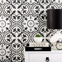 Tenedos Noir Vine 8" x 8" Black and White Matte Porcelain Tile for Floor and Wall, Spanish Decorative Pattern, Indoor Outdoor Use