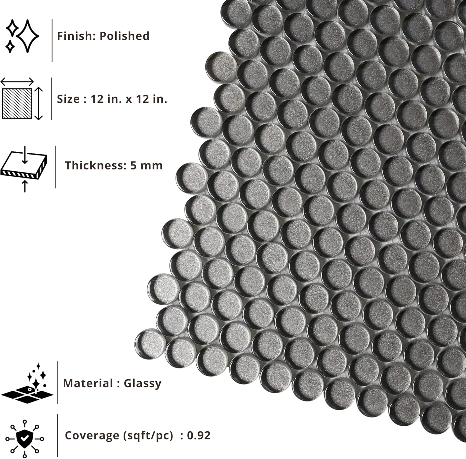 Tenedos HTC333 Shimmer Glossy Penny Round Glass Mosaic Tile 12x12 Sheet for Bathroom Wall, Shower, and Kitchen Backsplash – Sparkling Reflective Finish