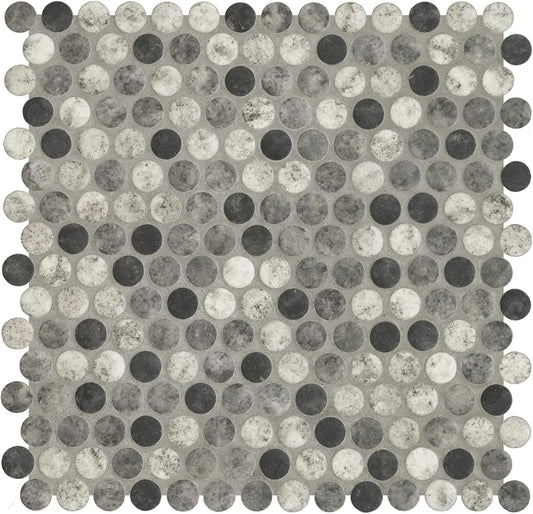 Tenedos Gray Black Mix Penny Round Recycled Glass Mosaic Tile – 12x12 Matte Finish for Wall, Floor, Bathroom, and Kitchen (5 Sheets, 5 Sqft Total Coverage)
