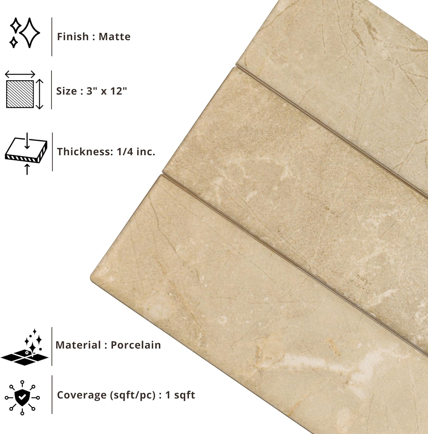 Tenedos HTCRC  Marble Look Matte Porcelain Tile – 3x12 Inch Subway Wall & Kitchen Backsplash