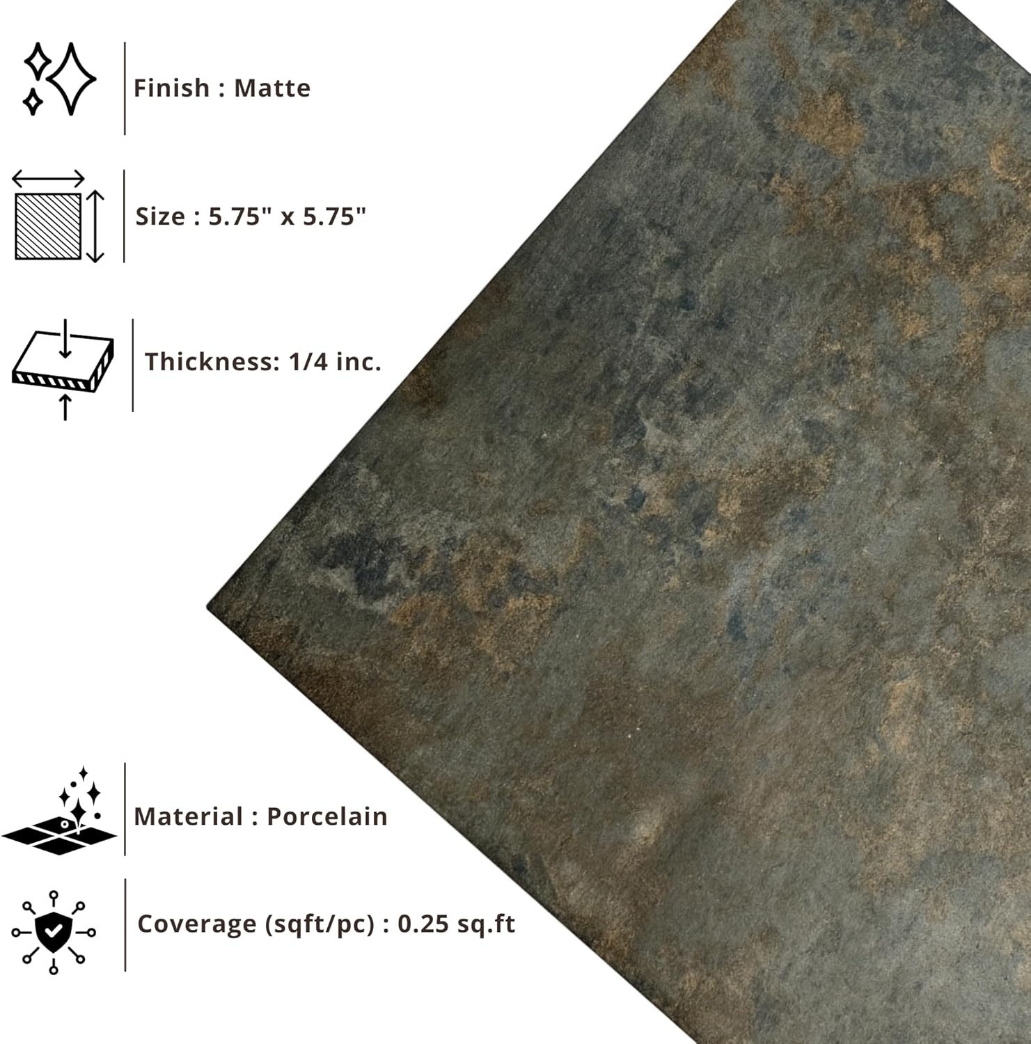 Tenedos HTCPW Rustic Stone Look 6"x6" Porcelain Tile – Matte Textured Brown Gray Indoor Wall & Floor Tile for Kitchen Bathroom Backsplash