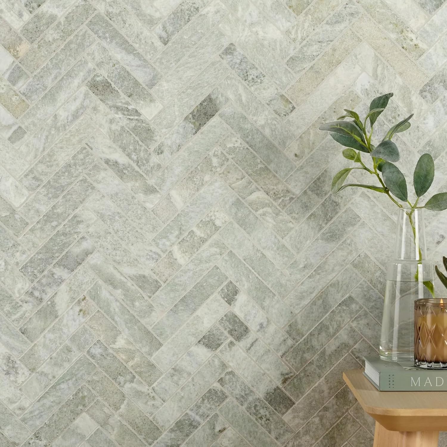 Tenedos Sage Mist Herringbone Marble Mosaic Tile – 12" x 12" Green Natural Stone Sheet for Wall, Backsplash, and Bathroom Accent (5 Sheets)